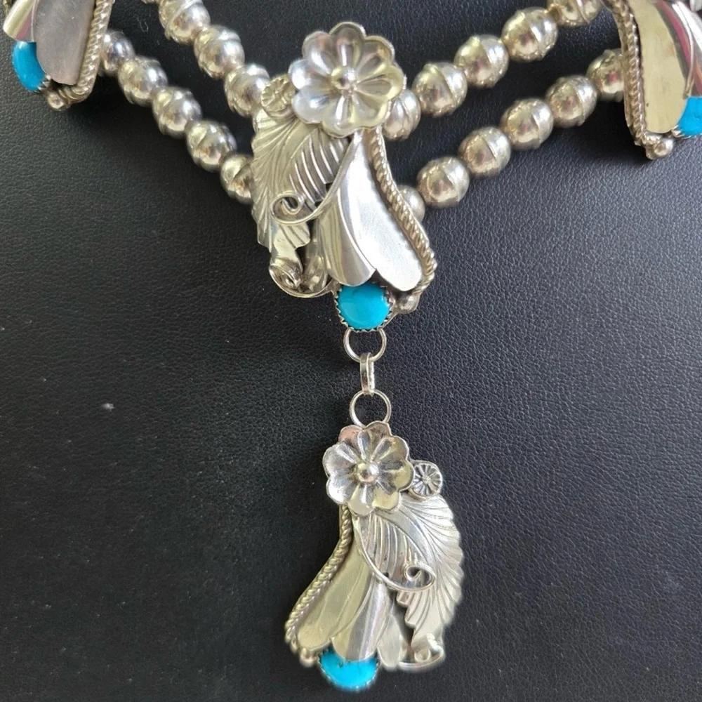 Sterling Silver 925 and Turquoise Floral Squash Blossom Necklace - Picture 2 of 16